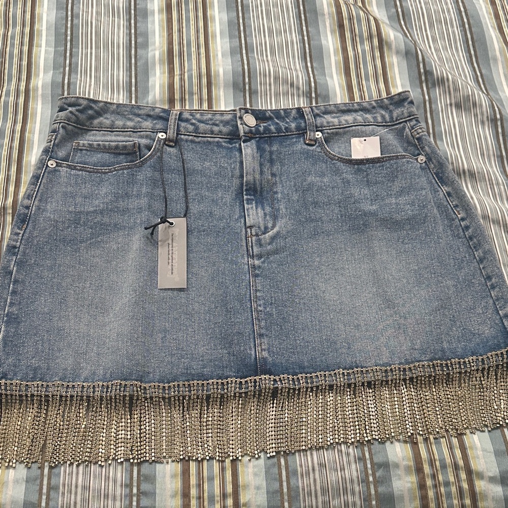 Blank NYC Blue Denim Skirt with Fringe Detail